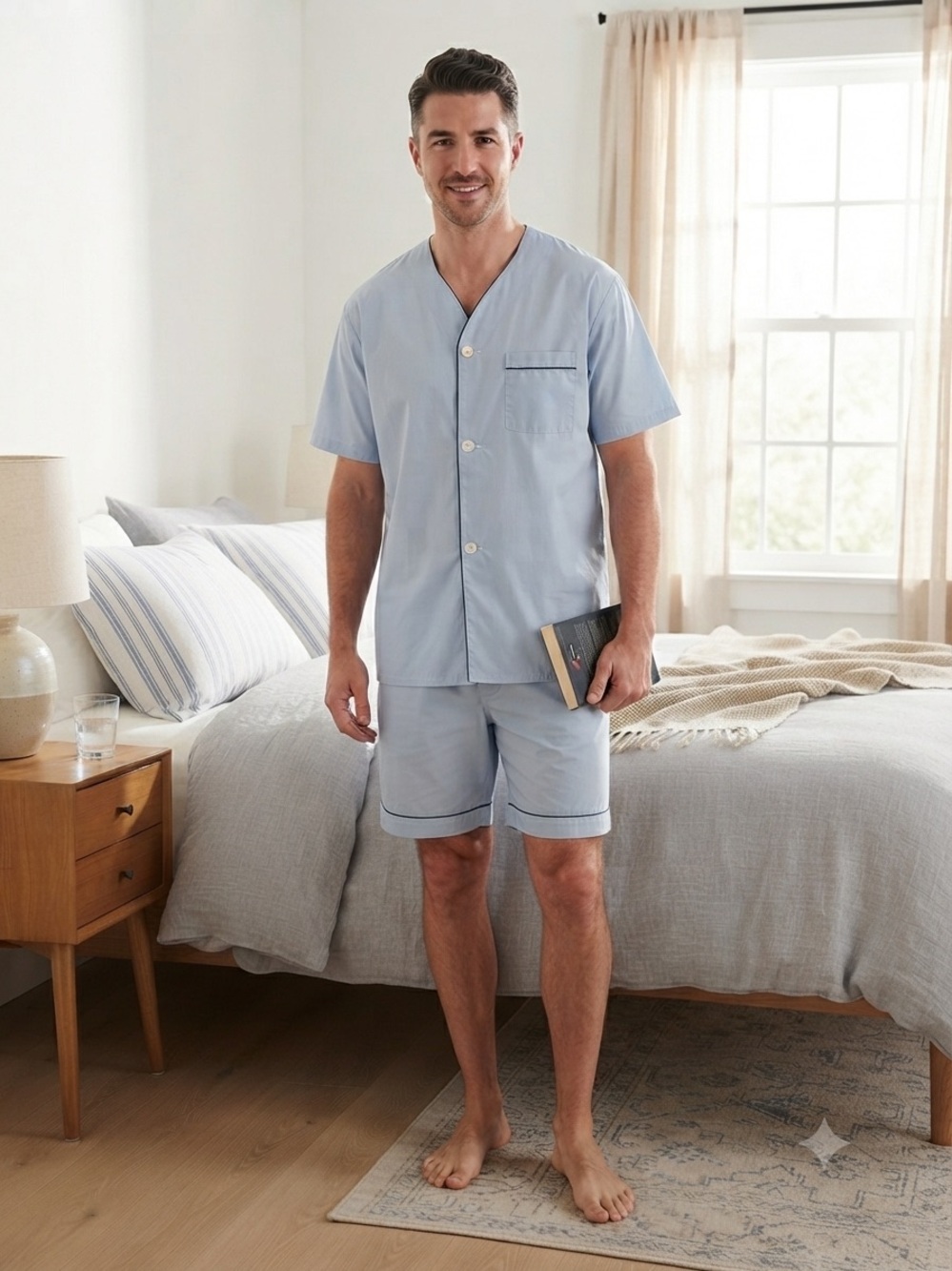 VINTAGE NWOT Men’s Knothe Light Blue Button-Up Shirt and Shorts PJ Set